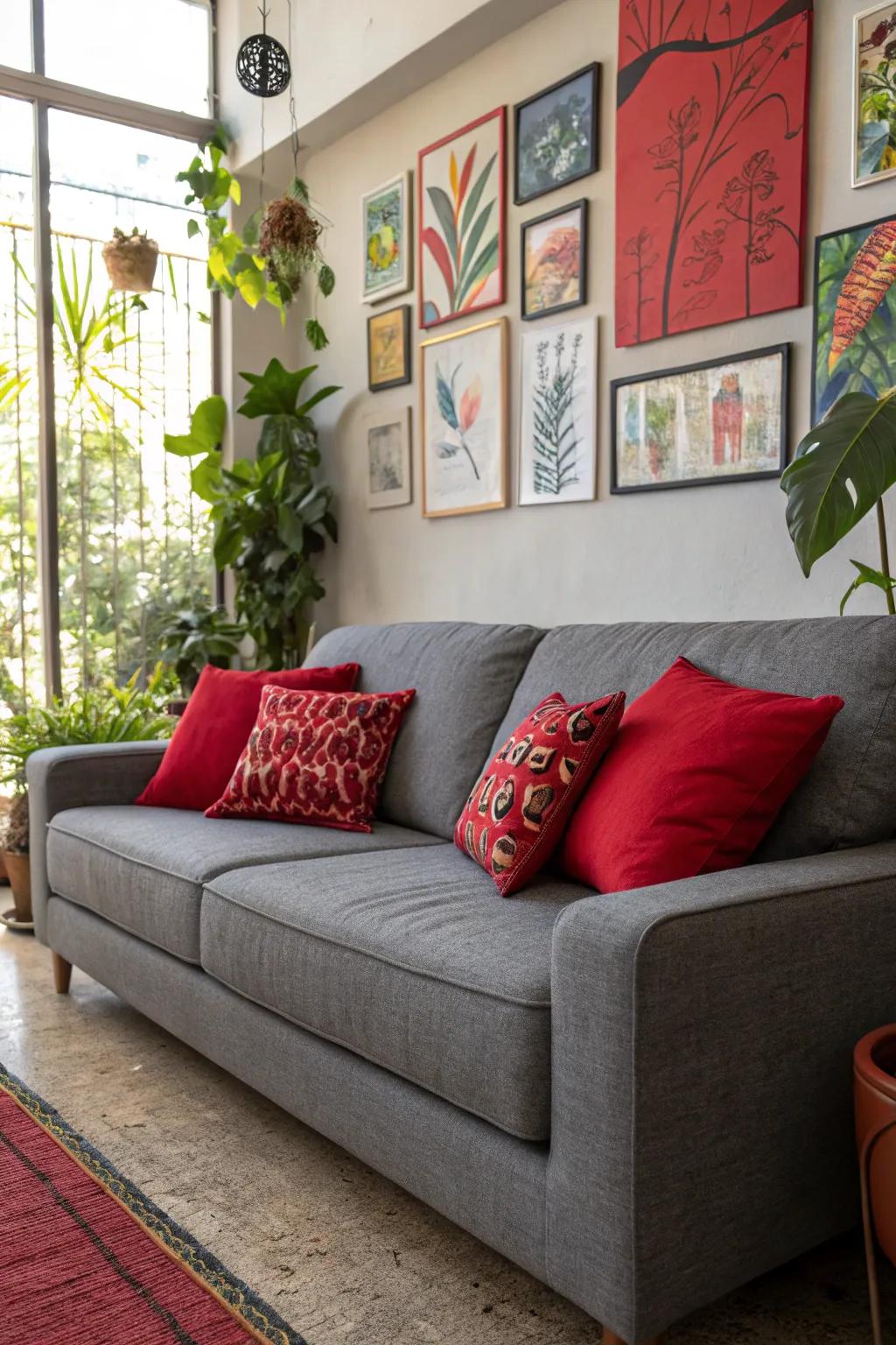 Scarlet accents establish a striking focal element on a charcoal sofa.
