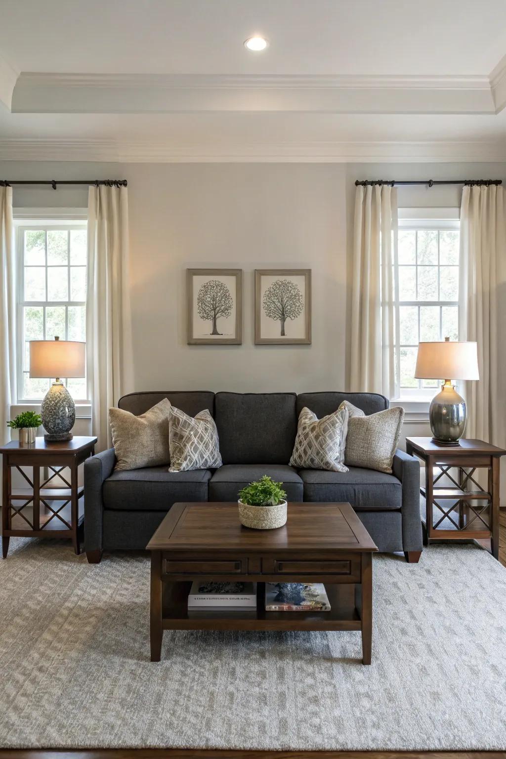 Symmetry adds balance and harmony to a grey sofa layout.