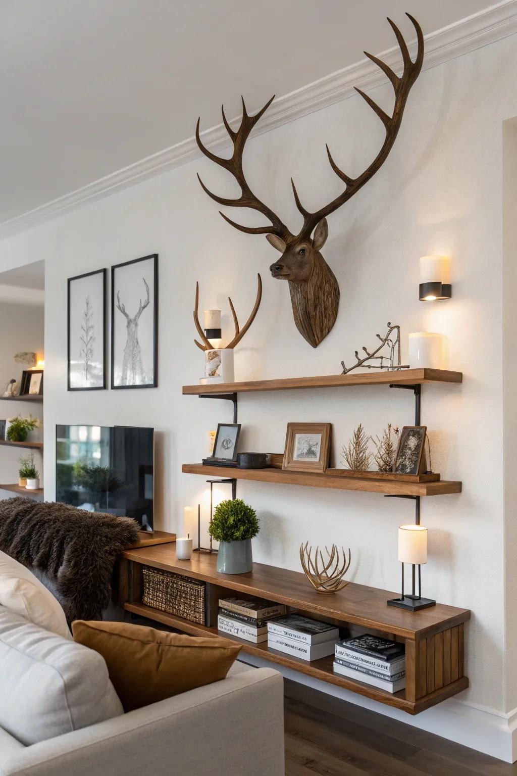 A seamless shelf beautifully showcases deer antlers and decorative items in a modern living room.