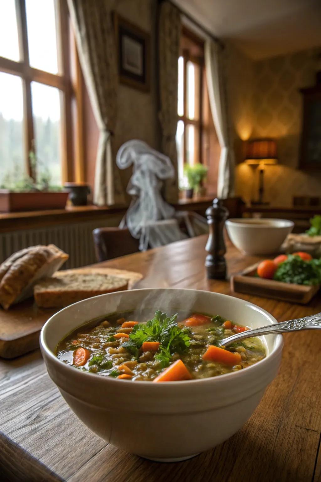 A steaming bowl of hearty lentil soup, perfect for a cozy night in.