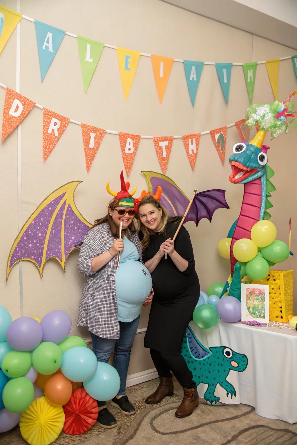 A dragon-themed photo booth invites guests to capture fun memories.