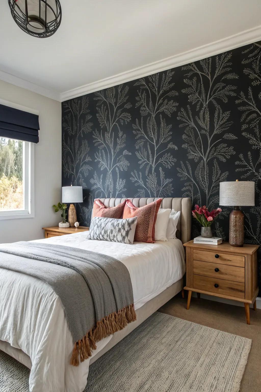 A feature wall with striking wallpaper establishes a captivating focal point.