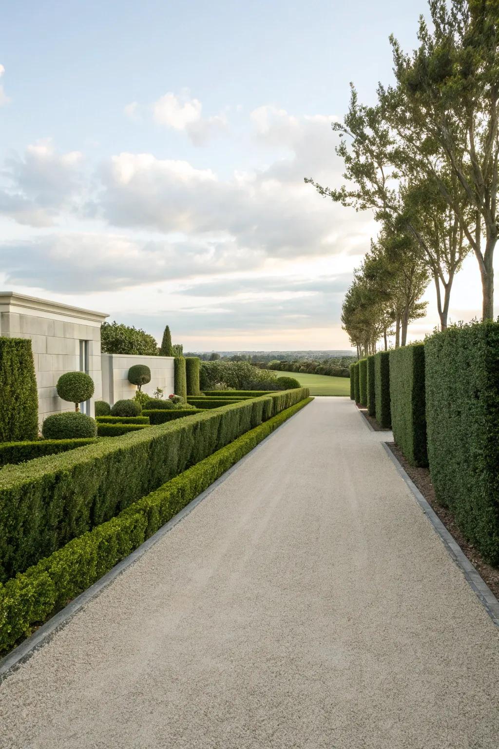 Minimalist hedges furnishing a pristine and calming driveway perimeter.