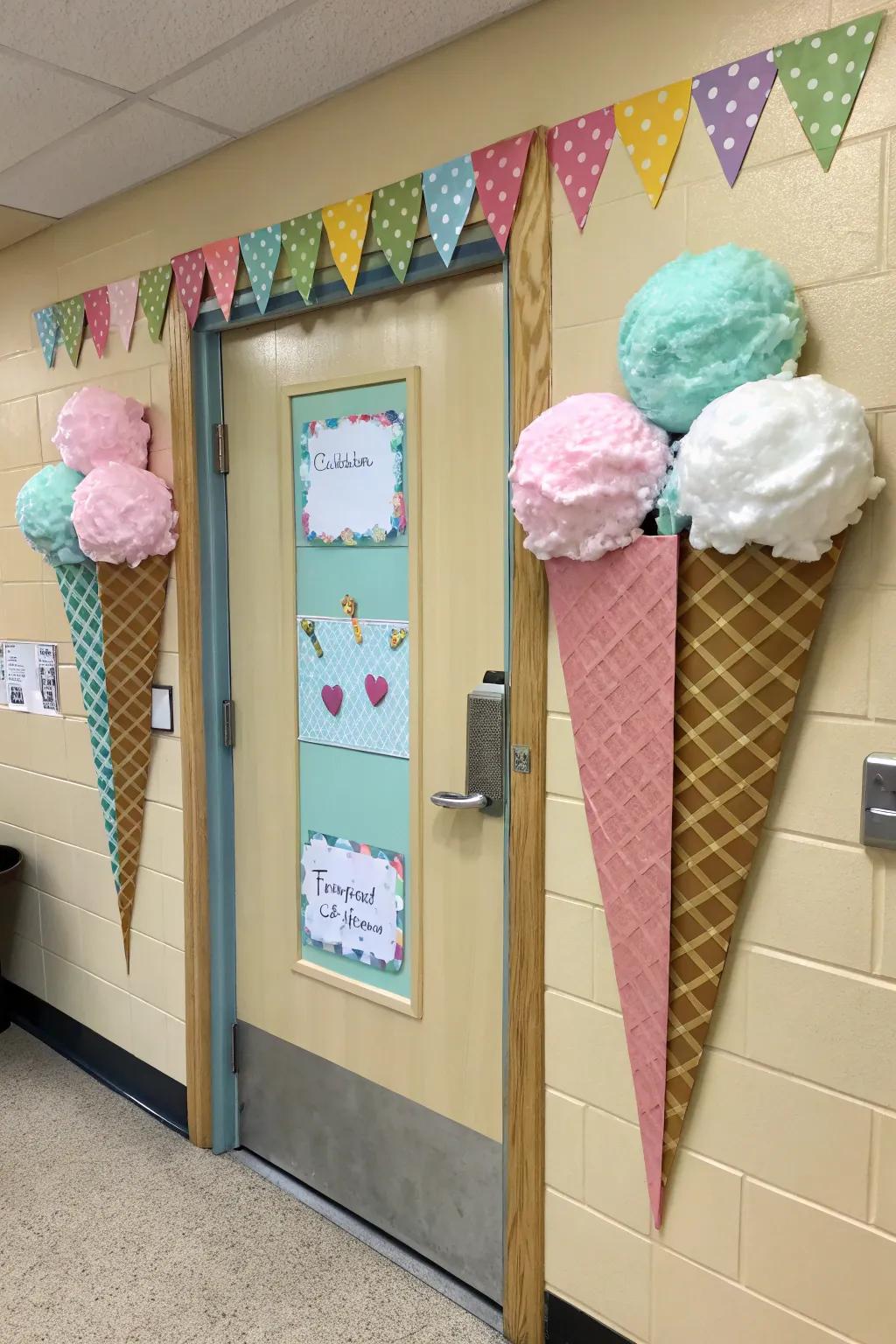 A sweet spring surprise with 3D ice cream cones adding a playful touch to the classroom door.