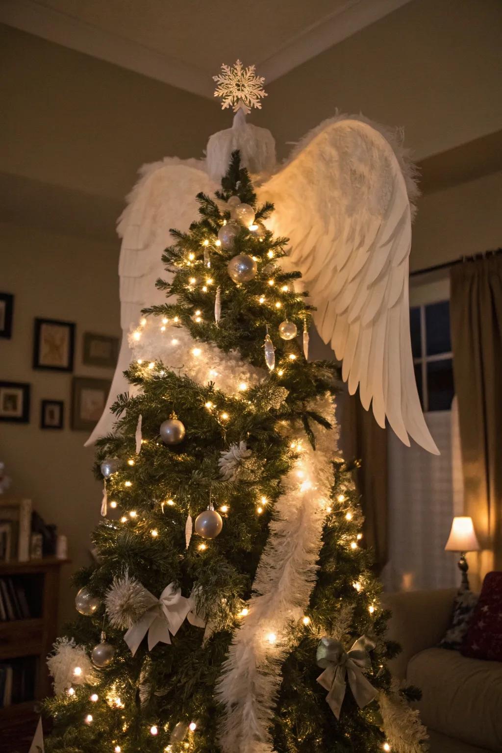 Angel wings bring an ethereal elegance to the tree.