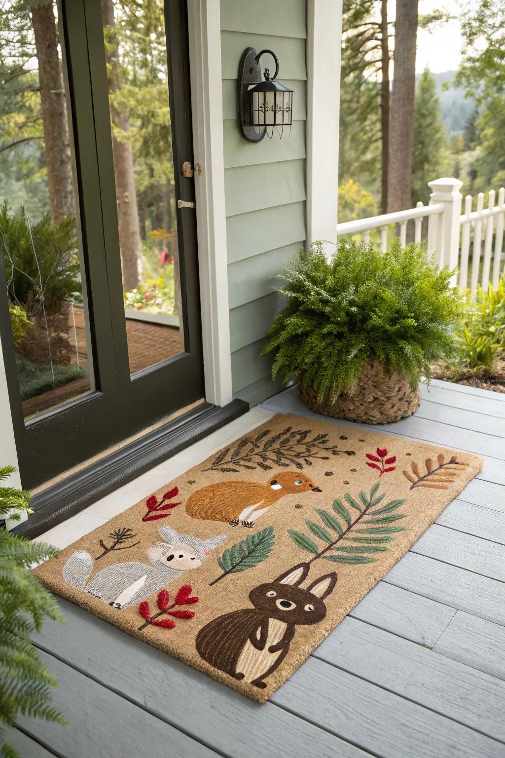 Whimsical doormat showcasing charming woodland animals.