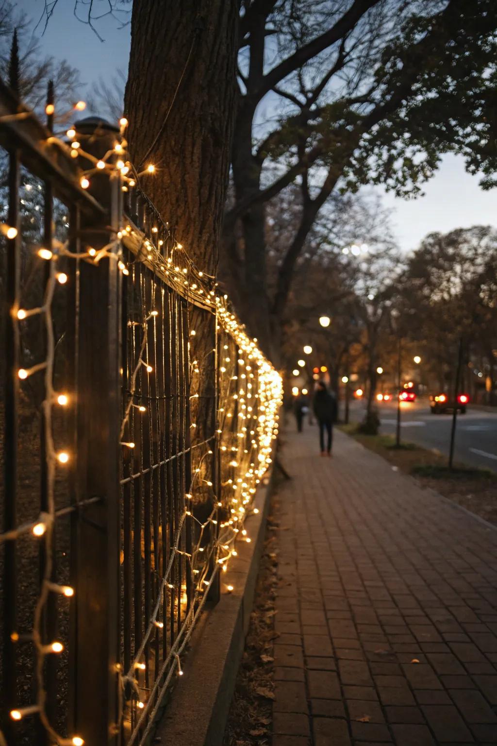 Warm white string lights evoke a snug radiance on the fence.