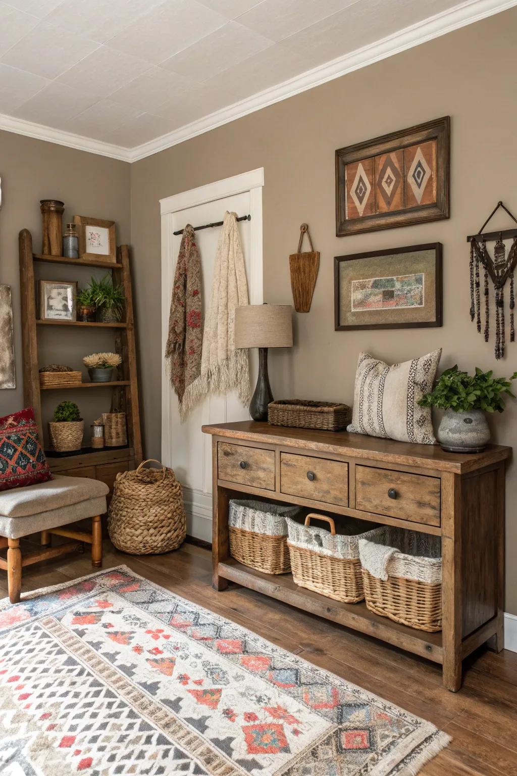 Taupe walls provide a versatile backdrop for farmhouse decor.