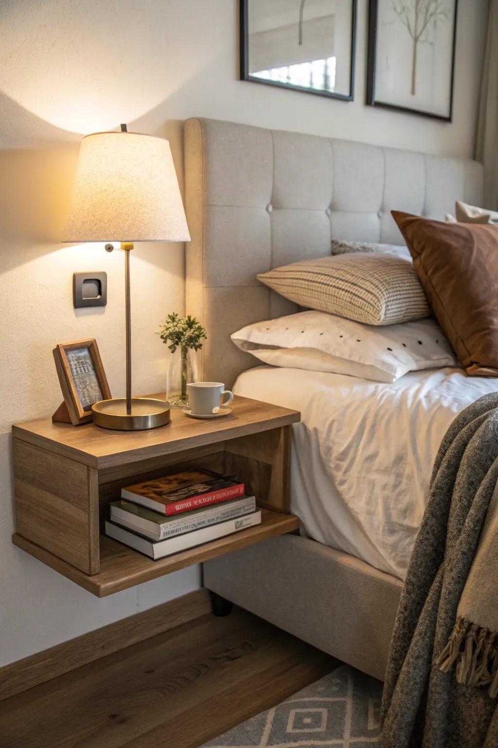 Floating shelf functioning as a charming bedside surface in the sleeping quarters.