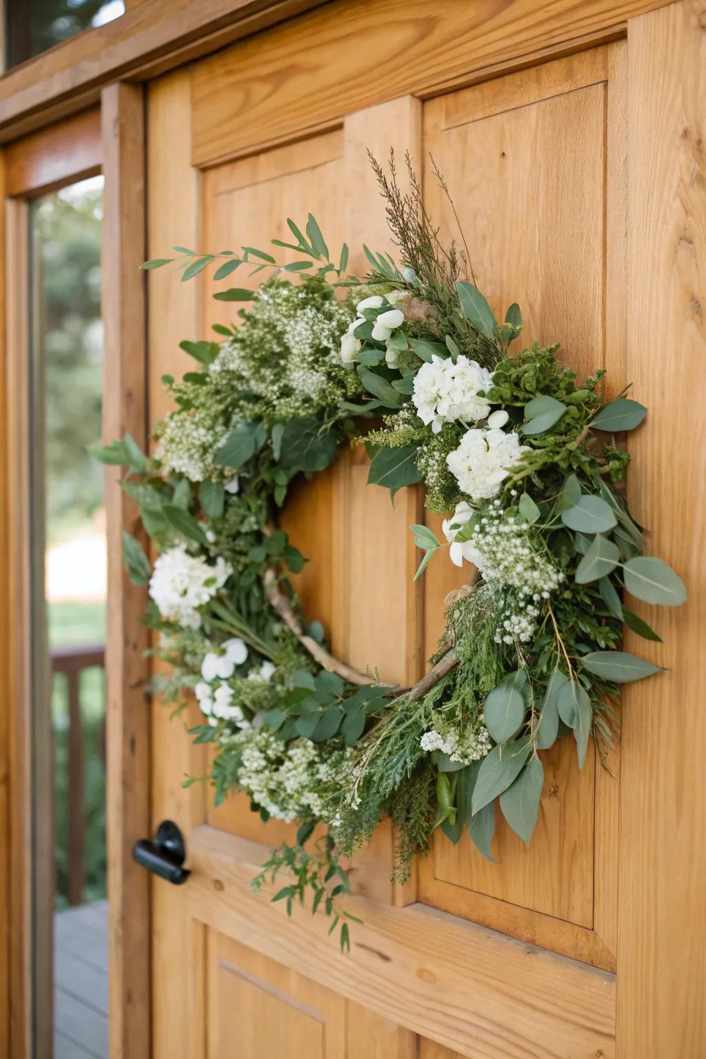 A winter white wreath offering seasonal charm on the front door.
