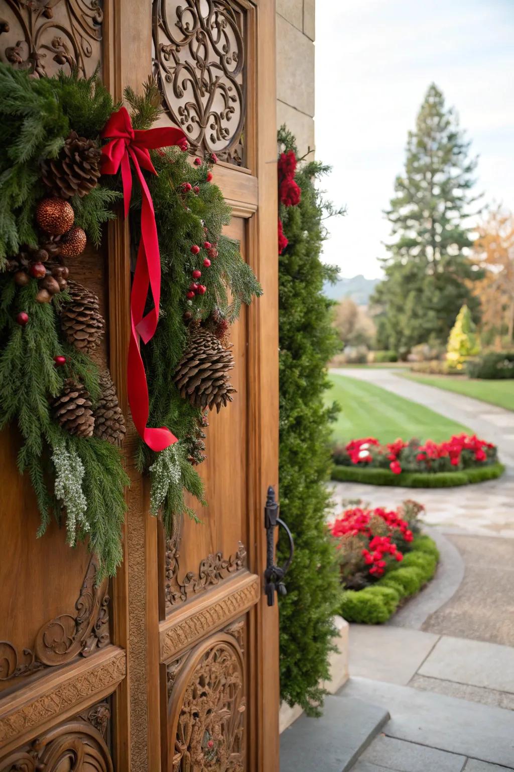 A lush swag applies seasonal flair to the doorway.