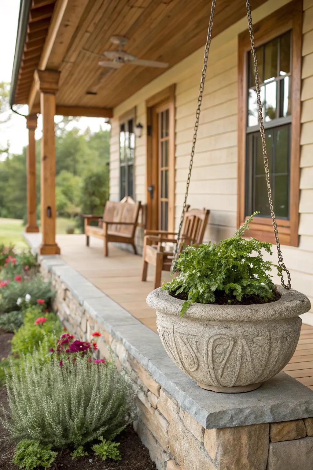 A wooden bench and stone planter decorate a front porch.
