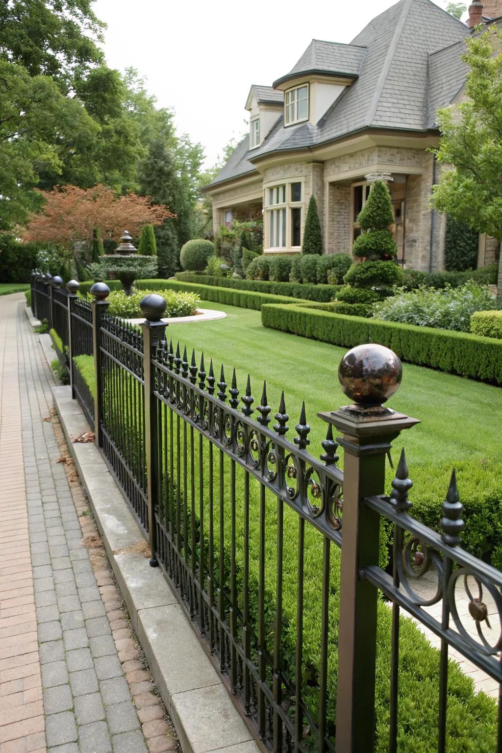 A wrought iron fence with balltop accents adding sophistication to a front yard.