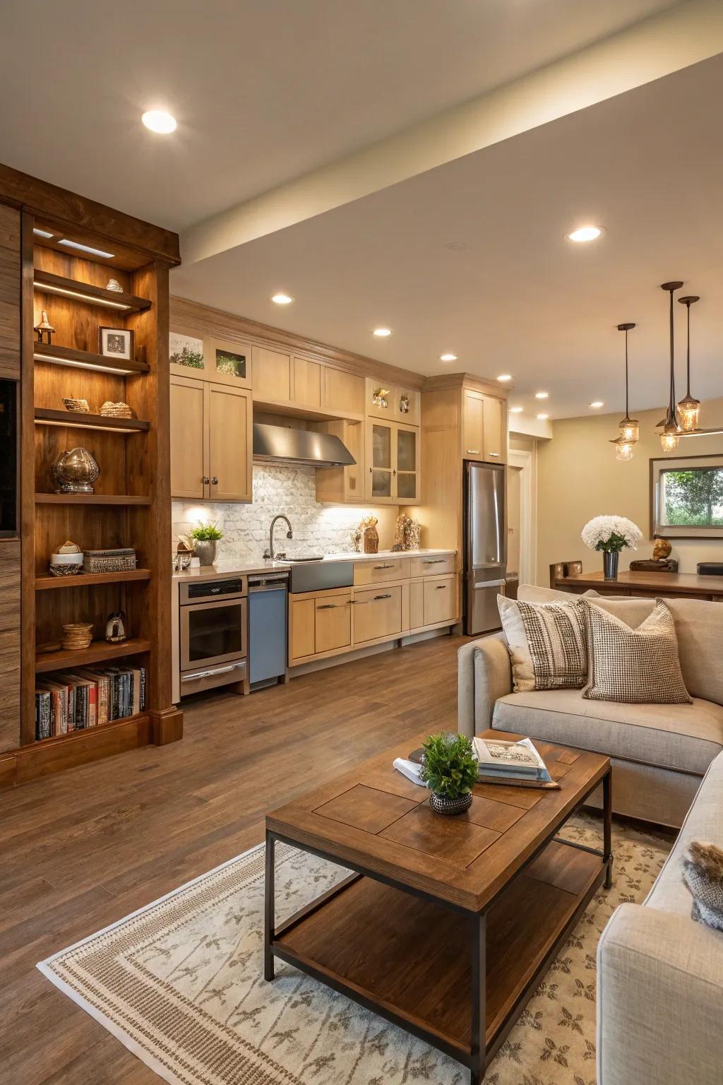 The kitchen and living areas are united by consistent color schemes.