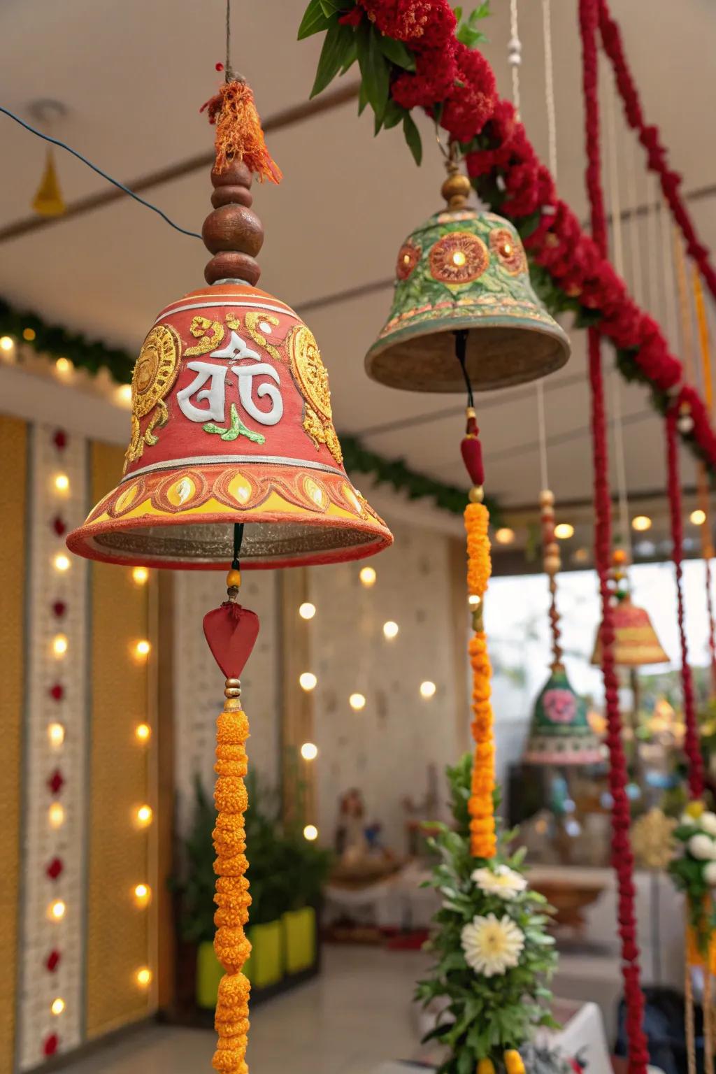 Hanging bells and chimes, adding a serene sonic element to Ganesh Chaturthi decorations.