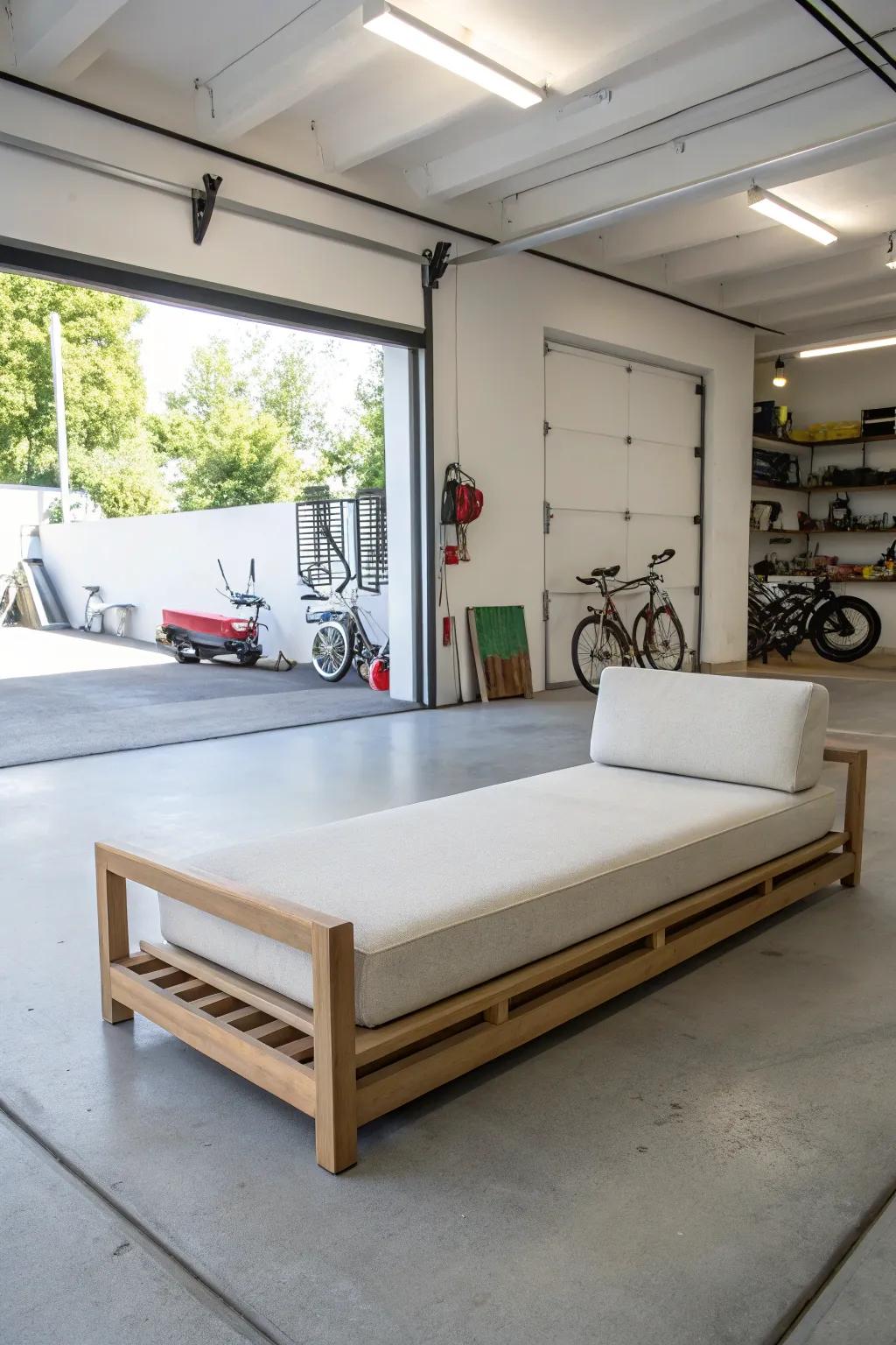 A simple daybed offers a sleek and serene addition to any garage.