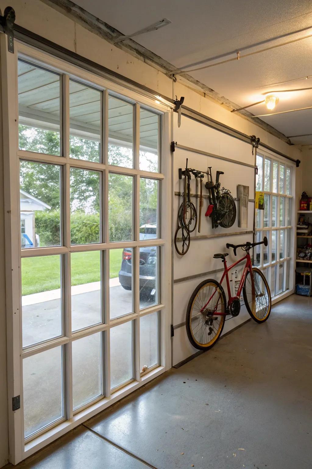Repurposed window frame partitions keep your garage bright and open.