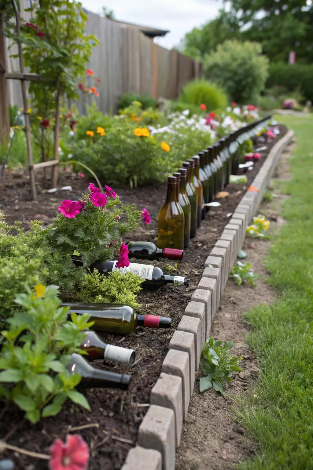 Wine bottles contribute a vibrant and artistic touch to garden borders.