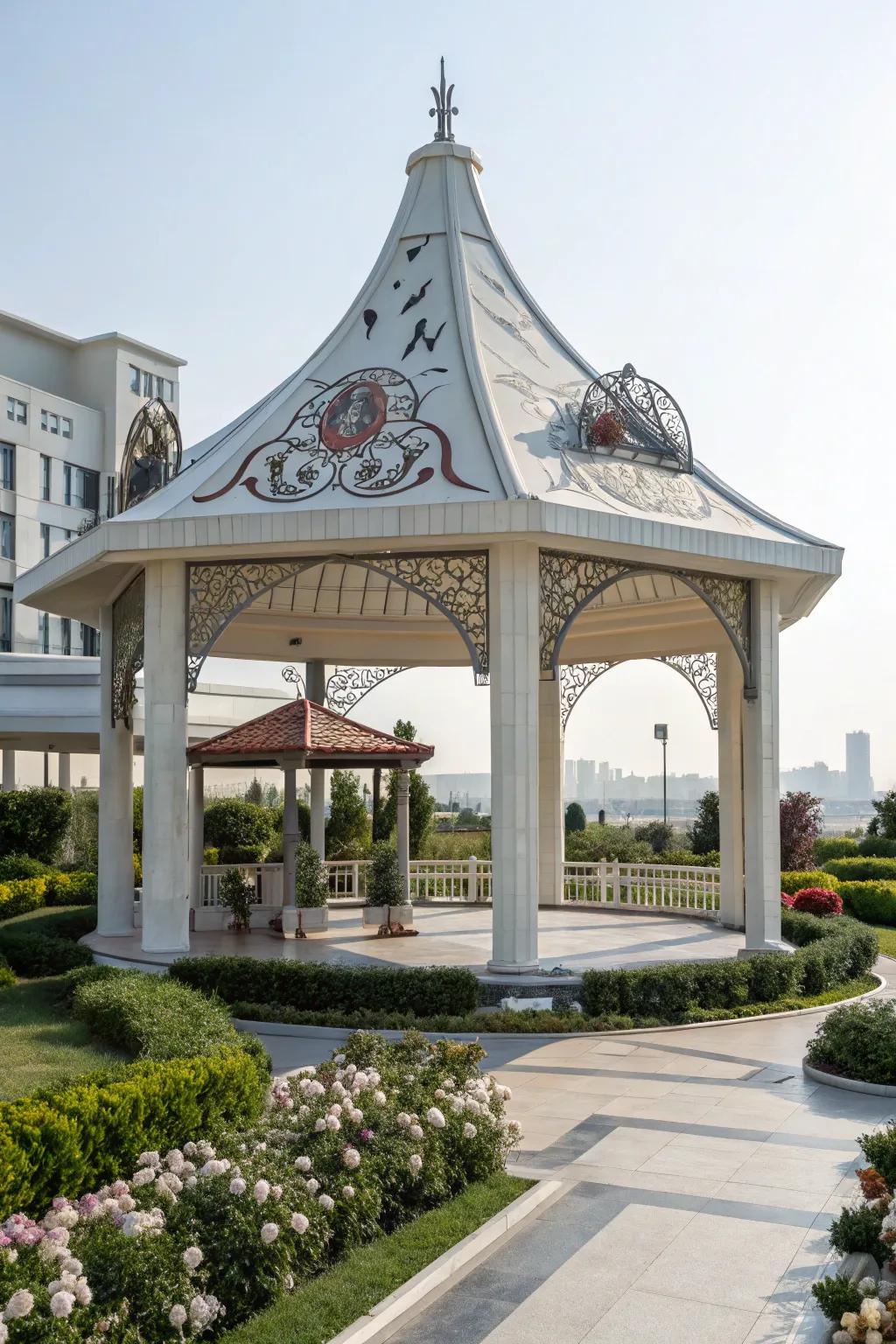 A gazebo with a carved canopy, acting as an artistic centerpiece.