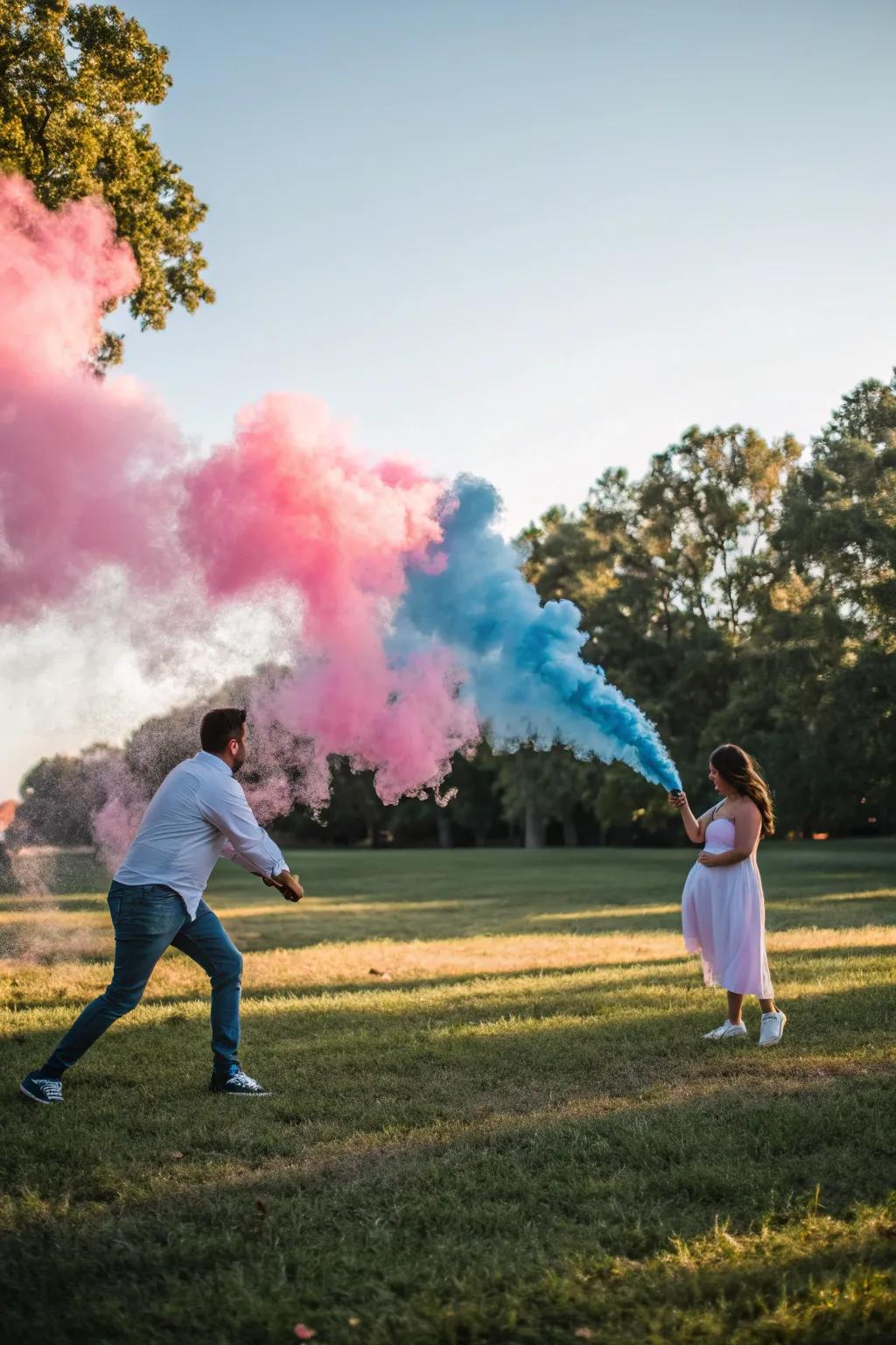 A dramatic display of color with gender reveal smoke.