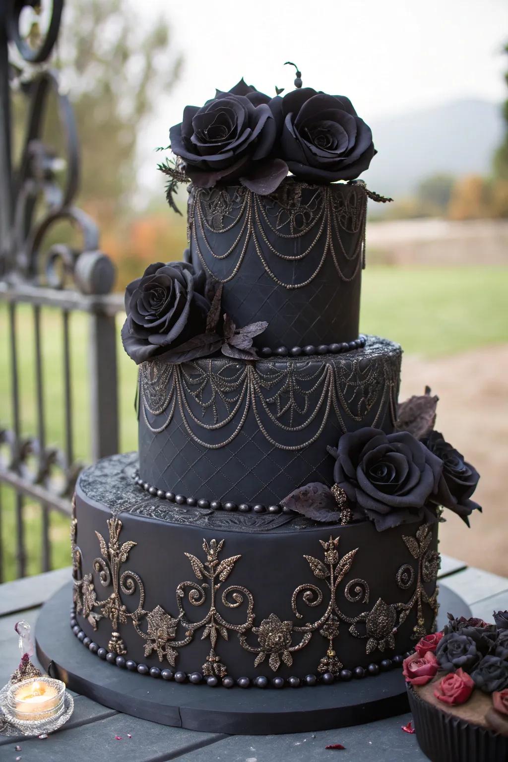 A Gothic wedding cake embellished with black roses and elaborate patterns.
