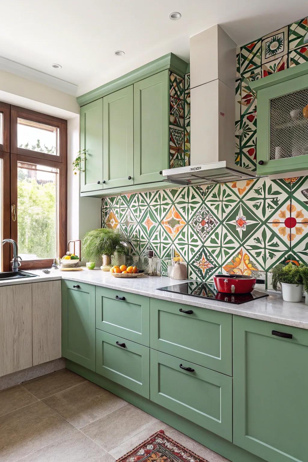 A daring panel behind the counter creating a focal point in a green kitchen.