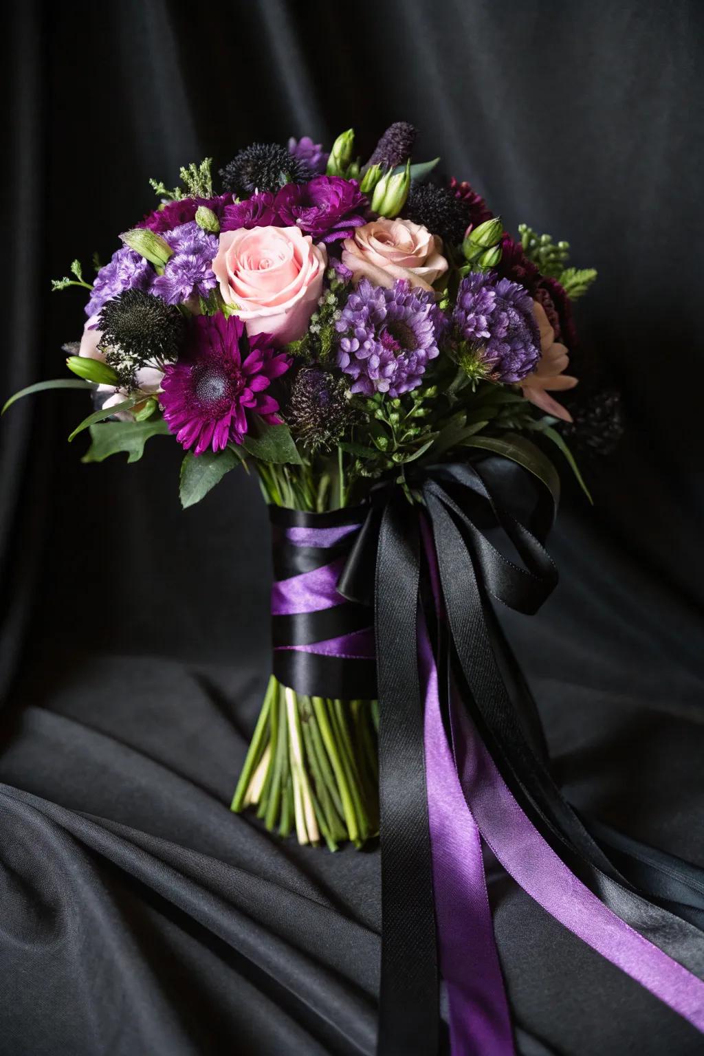 Ribbons in bold colors enhance the drama of a bridal bouquet.