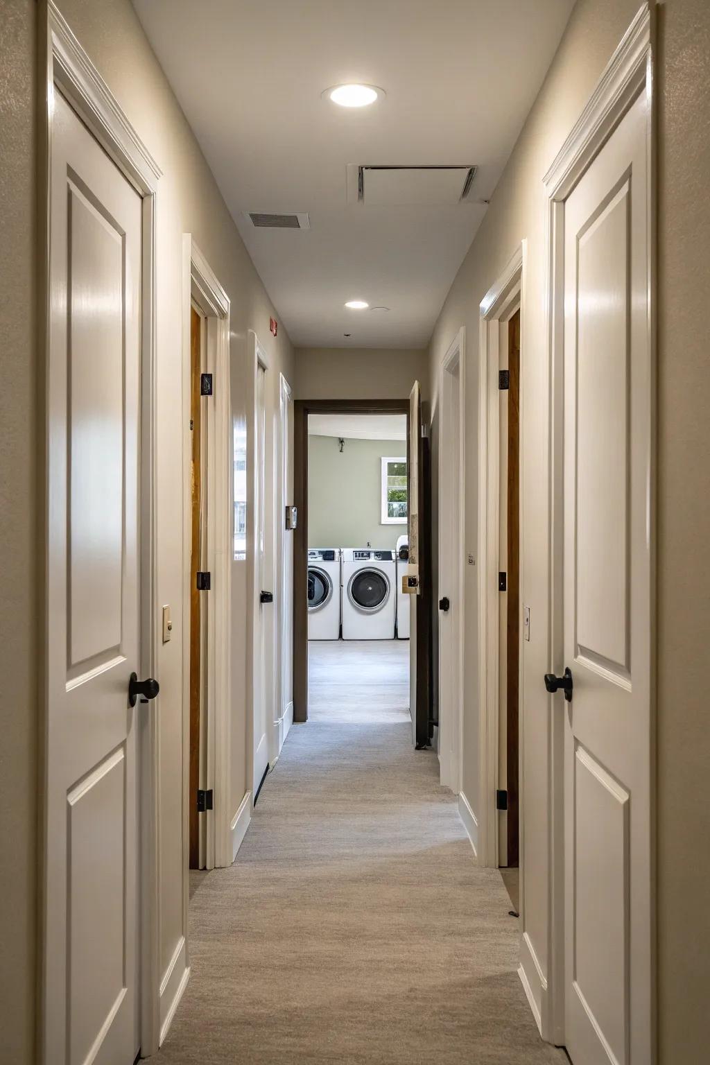 Solid core doors help maintain a quiet atmosphere by reducing laundry room noise.