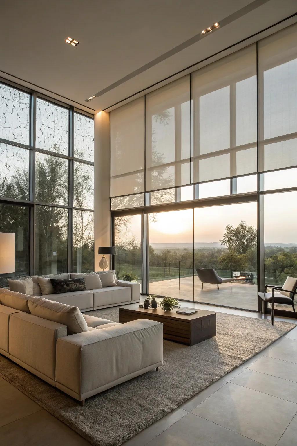 Tinted windows provide a sleek and permanent option for light management.