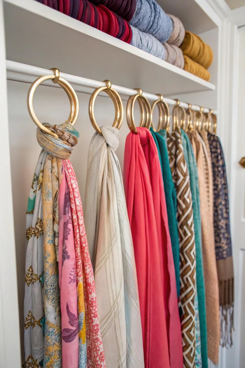 Scarf rings are ideal for storing delicate silk scarves.