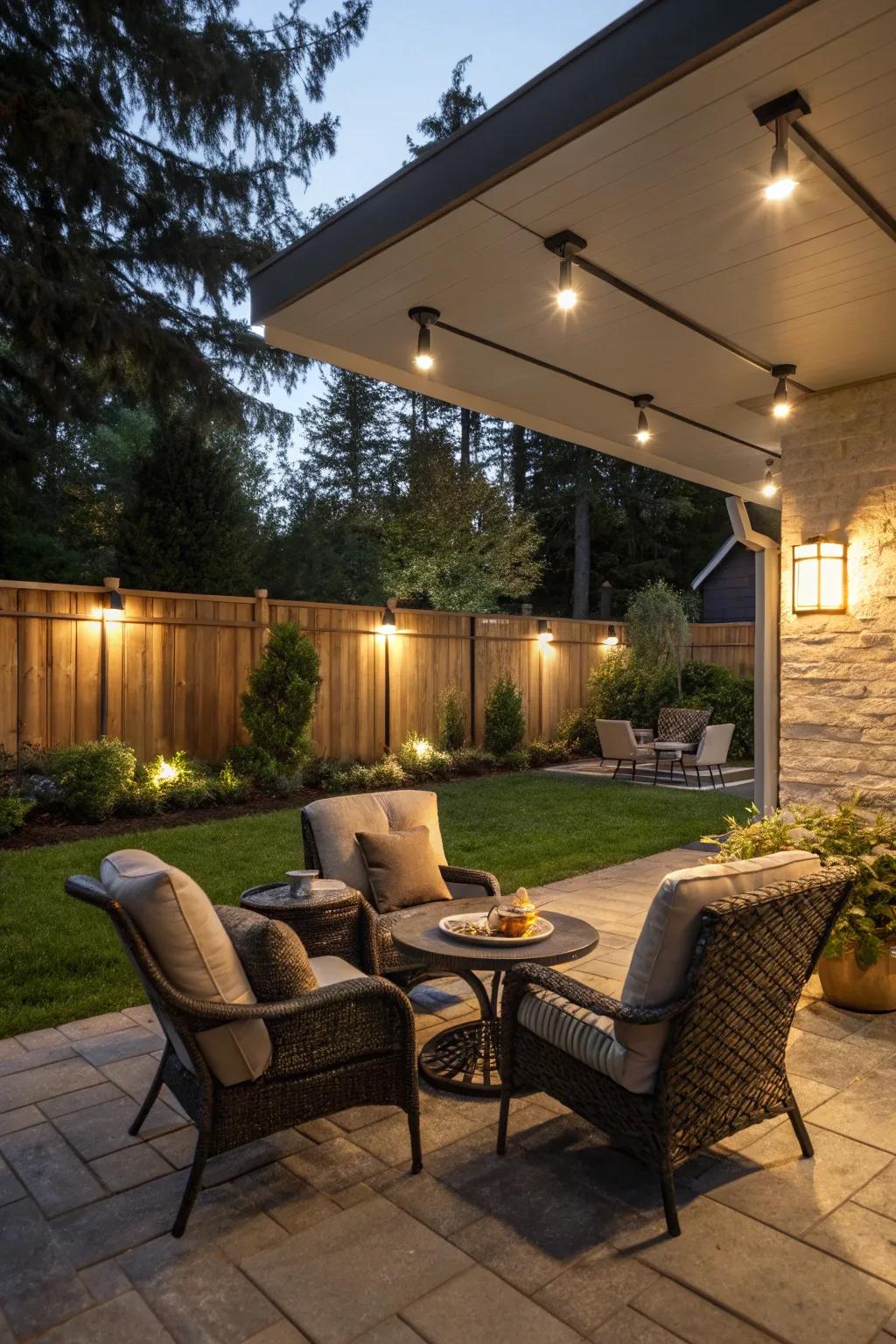 Alfresco oasis featuring industrial LED panel lighting