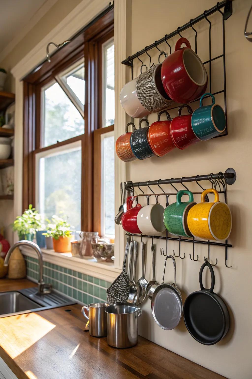 Suspended racks make practical utilization of vertical corner space.