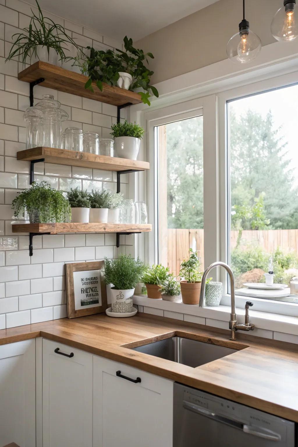 Floating shelves across windows for added light.