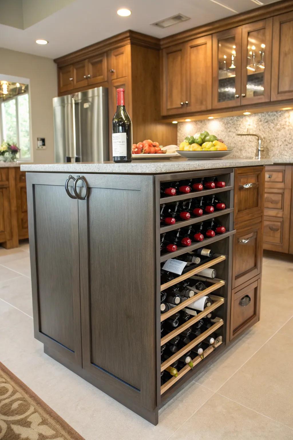 A built-in wine rack adds a touch of elegance to the island.