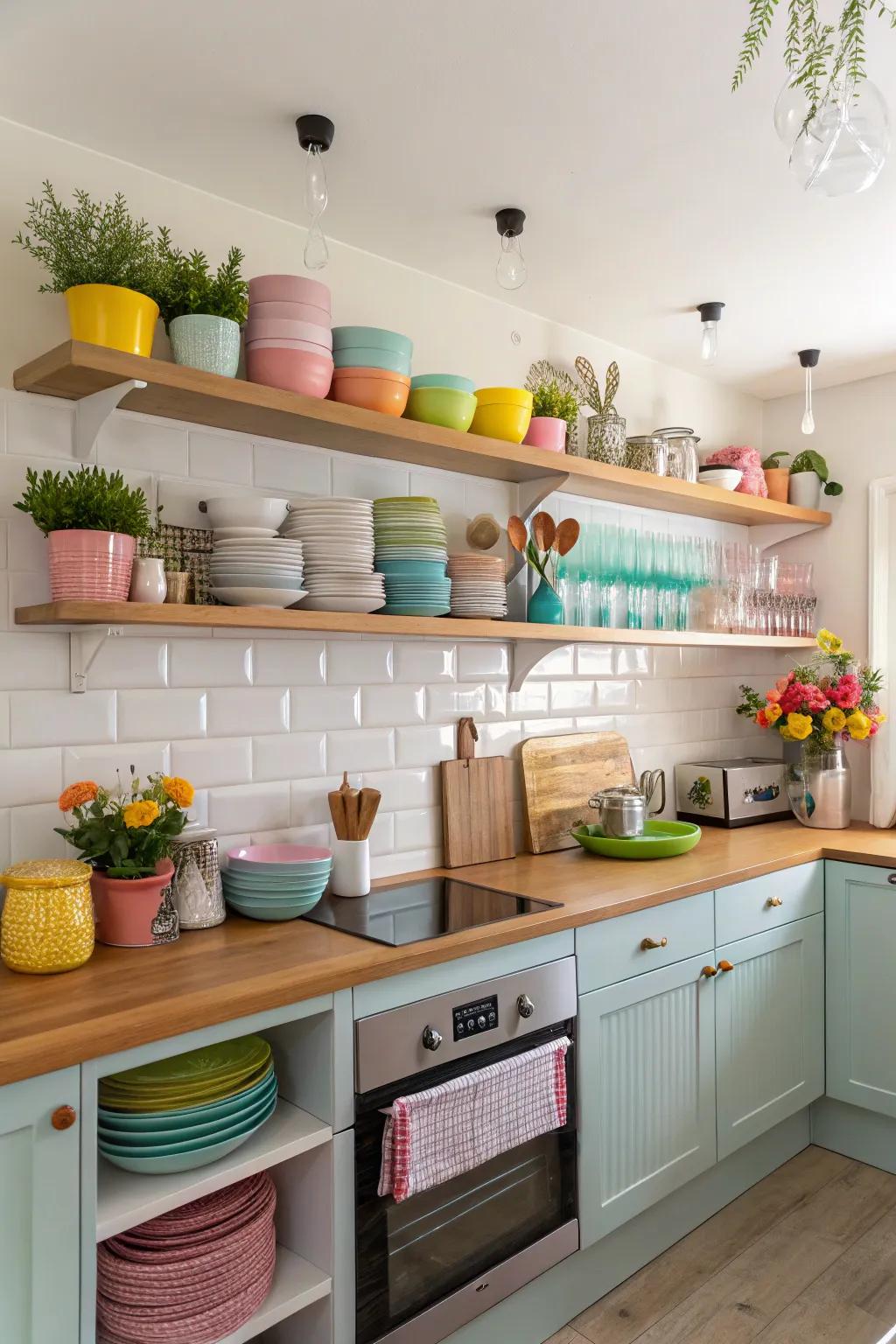 Color-coordinated shelves create a harmonious kitchen aesthetic.