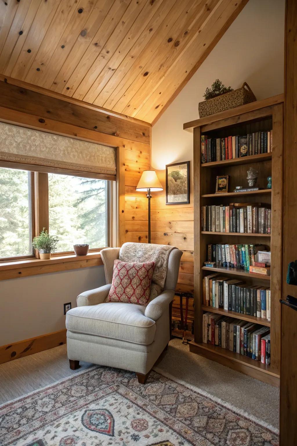 A snug haven highlighted by the inviting presence of a rough-sawn fir ceiling.