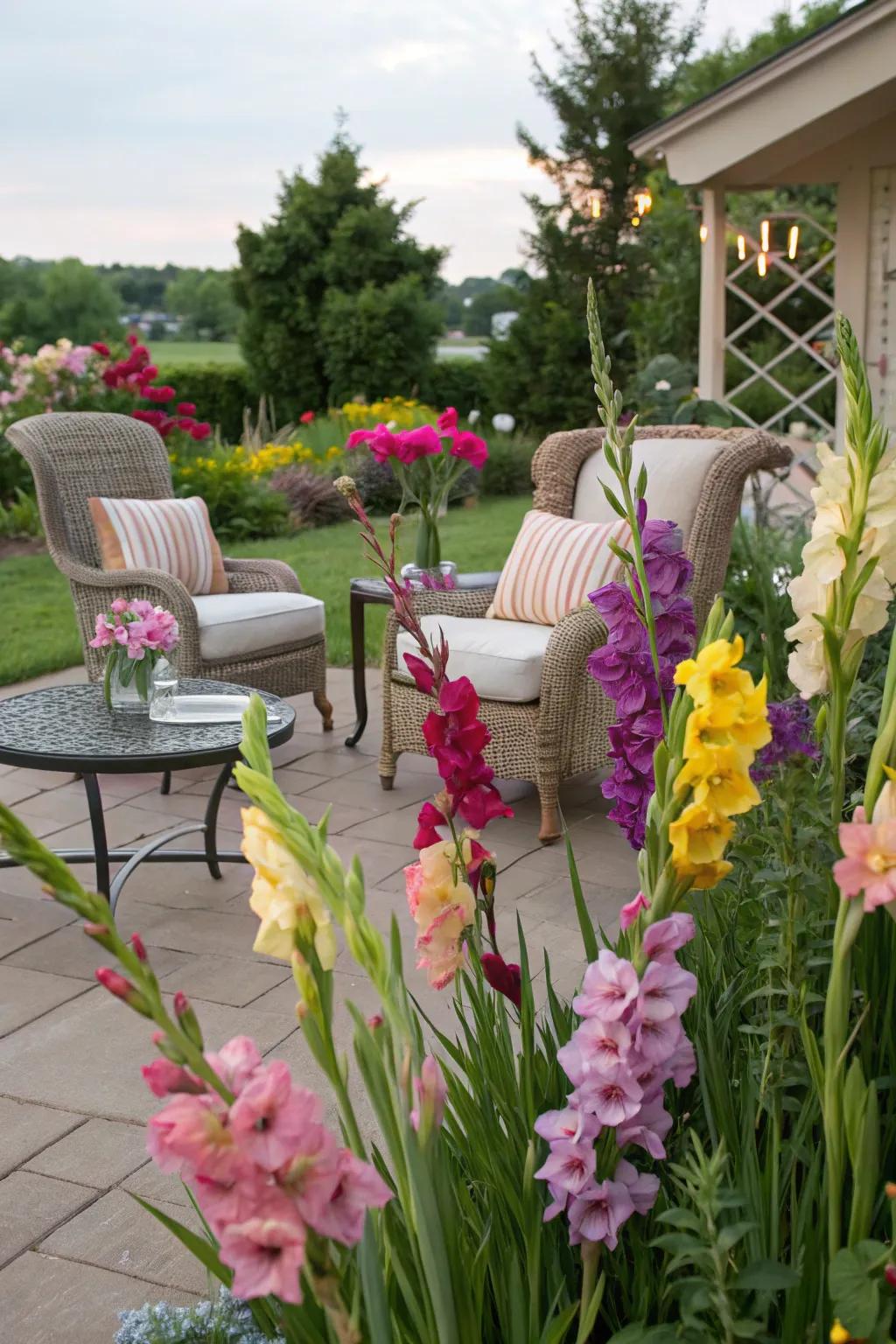 Gladiolus flowers create a cozy and inviting seating area.