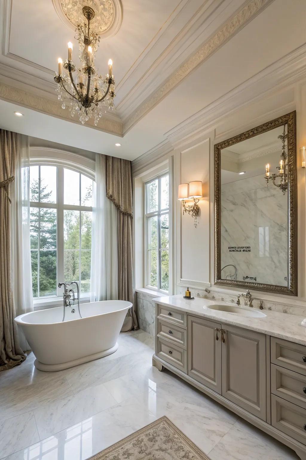 An opulent bathing space enhanced by broad crown molding, engendering a spa-like ambiance.