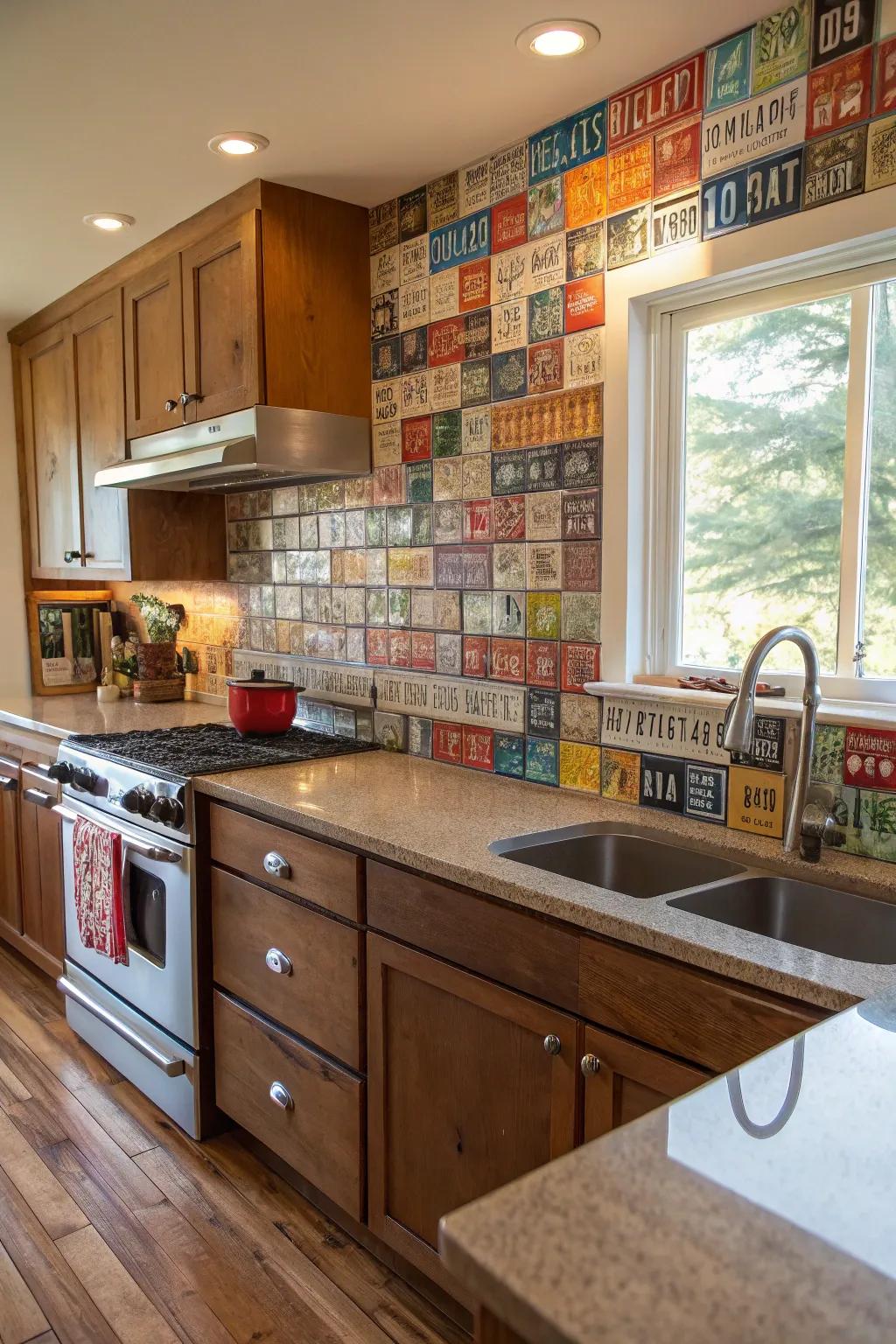 A license plate backsplash adds a playful touch to the kitchen.