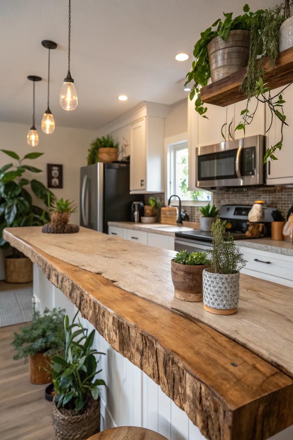 An eco-friendly kitchen featuring a sustainably sourced raw edge countertop.