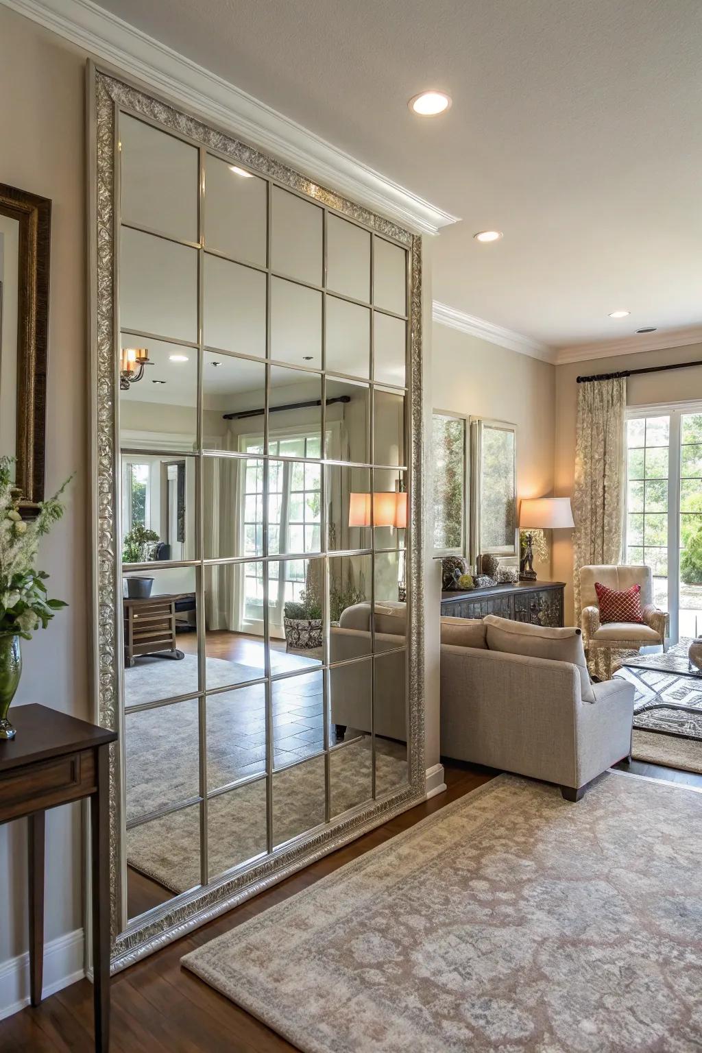 A mirrored accent wall enhances light and space in this cozy living room.