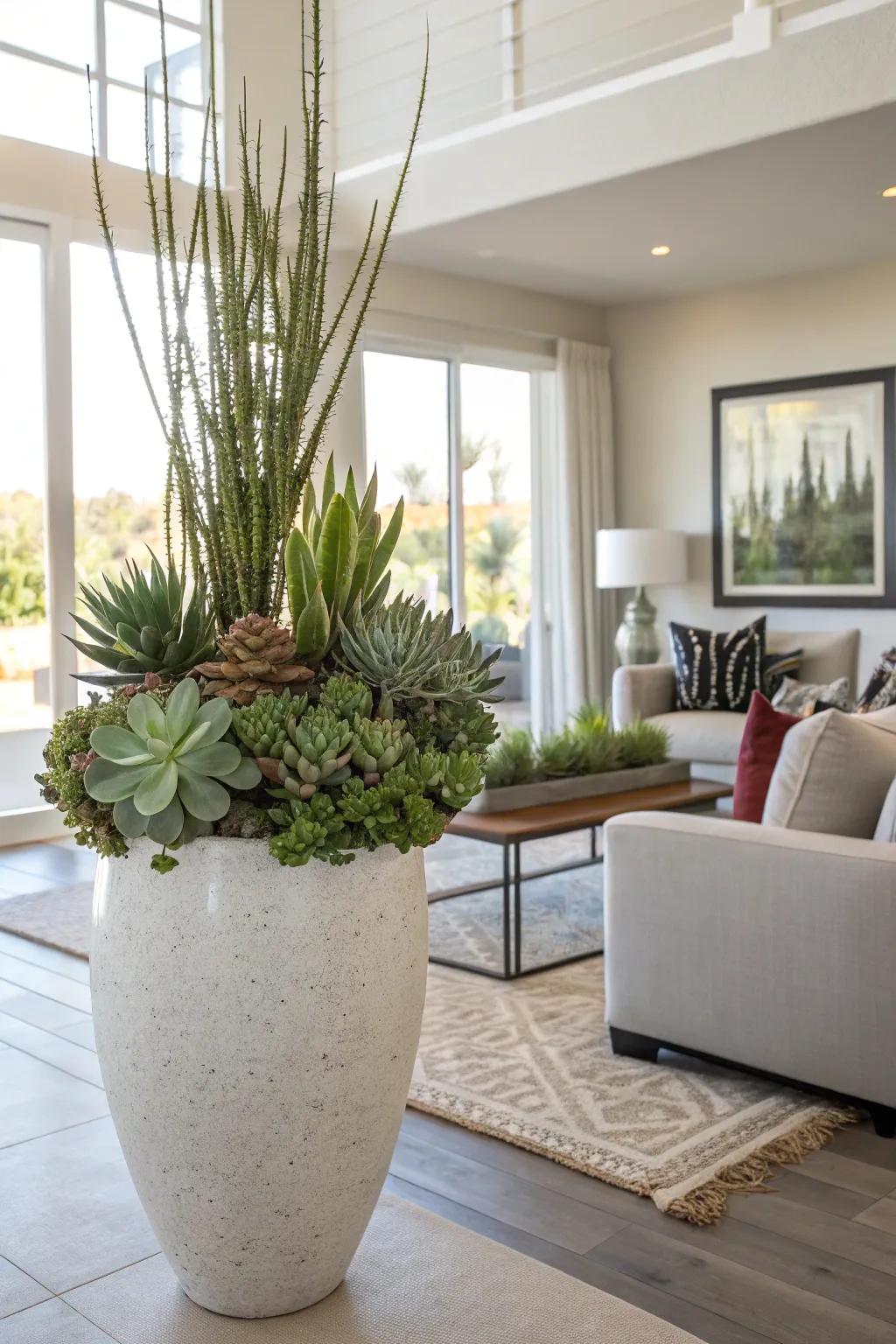 A sizable floor vessel holding fleshy plants offers a contemporary and lush green touch.
