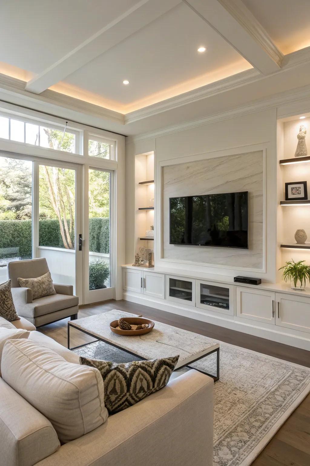 A recessed TV offers a sleek and modern appearance.