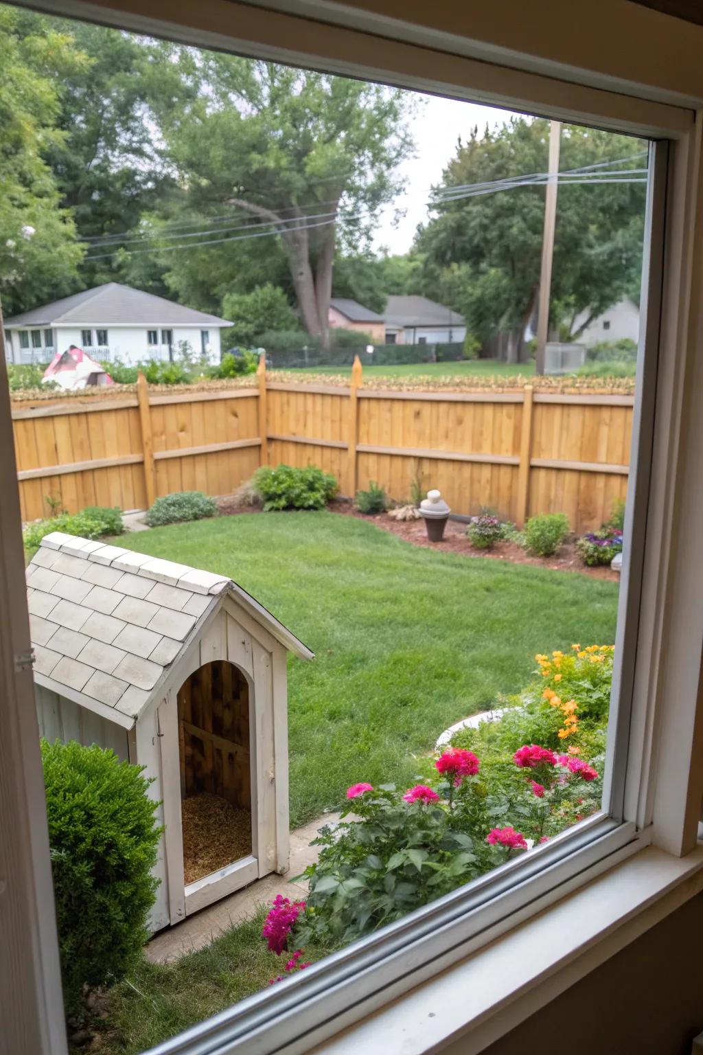 An astute canine window provisioning vistas beyond the backyard.