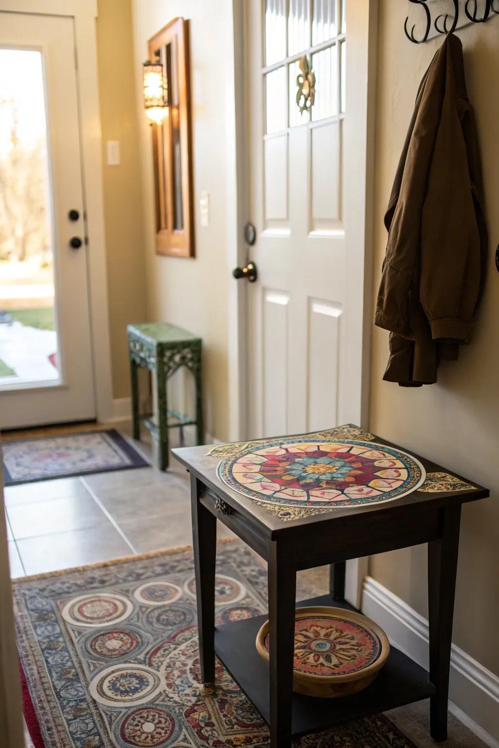 A pattern design transforming a small table in an entryway.