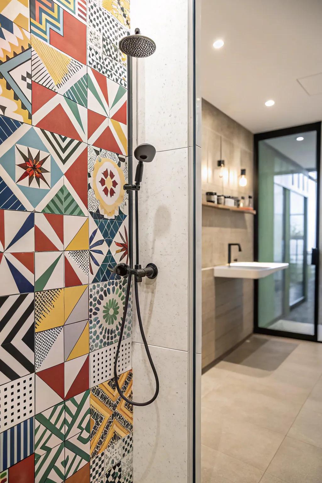 A shower featuring bold geometric patterned tiles for a contemporary look.