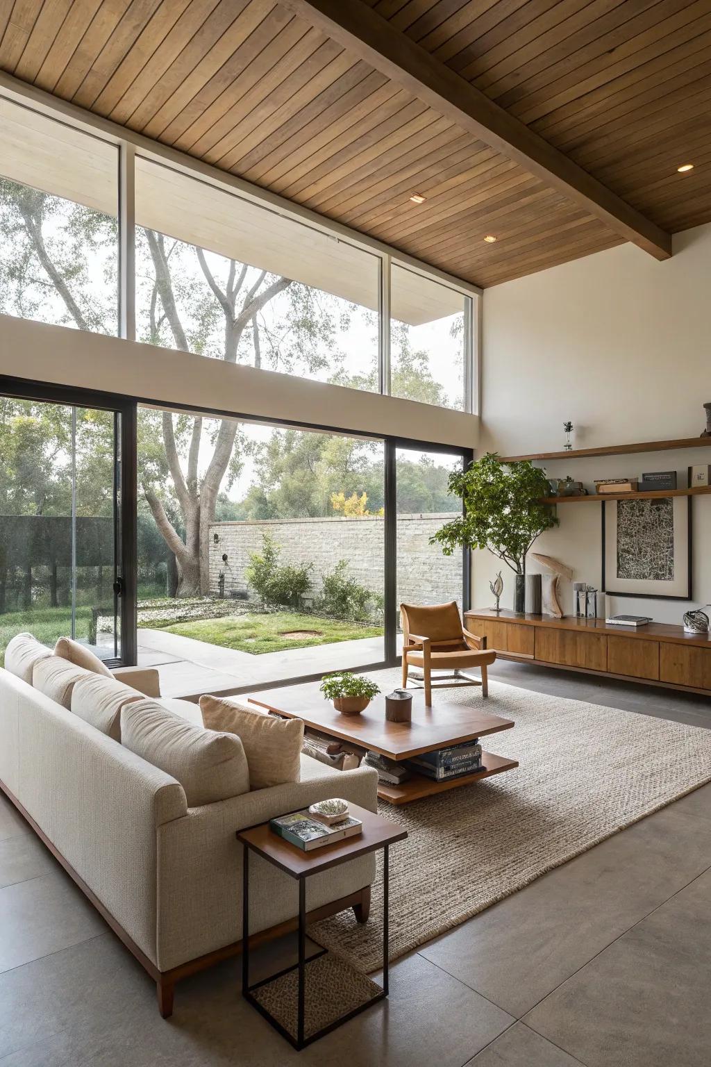 An open and airy layout with minimal clutter enhances this mid-century modern living room.