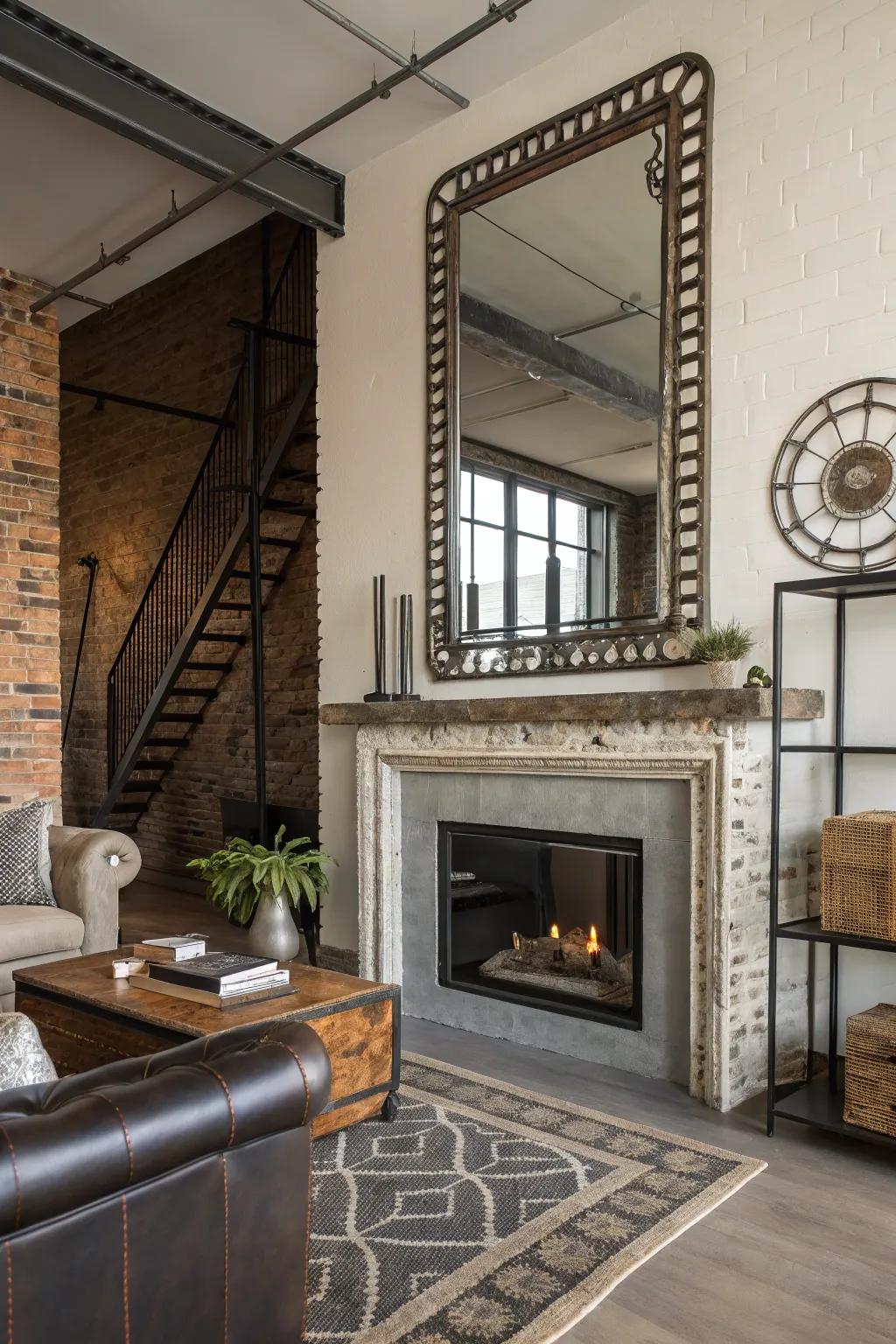 Metal-framed mirrors add a modern industrial edge.