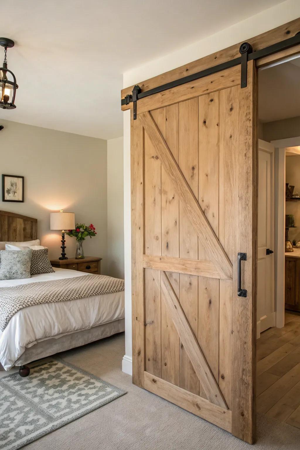 Natural wood barn doors provide timeless beauty and warmth.