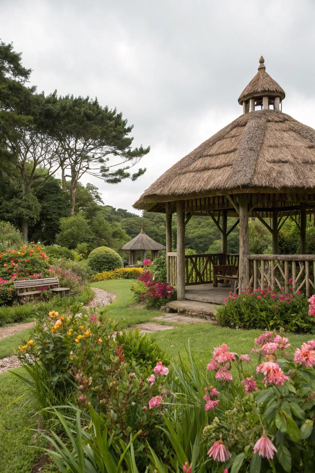 A gazebo with a thatched roof offering a rustic and inviting outdoor retreat.